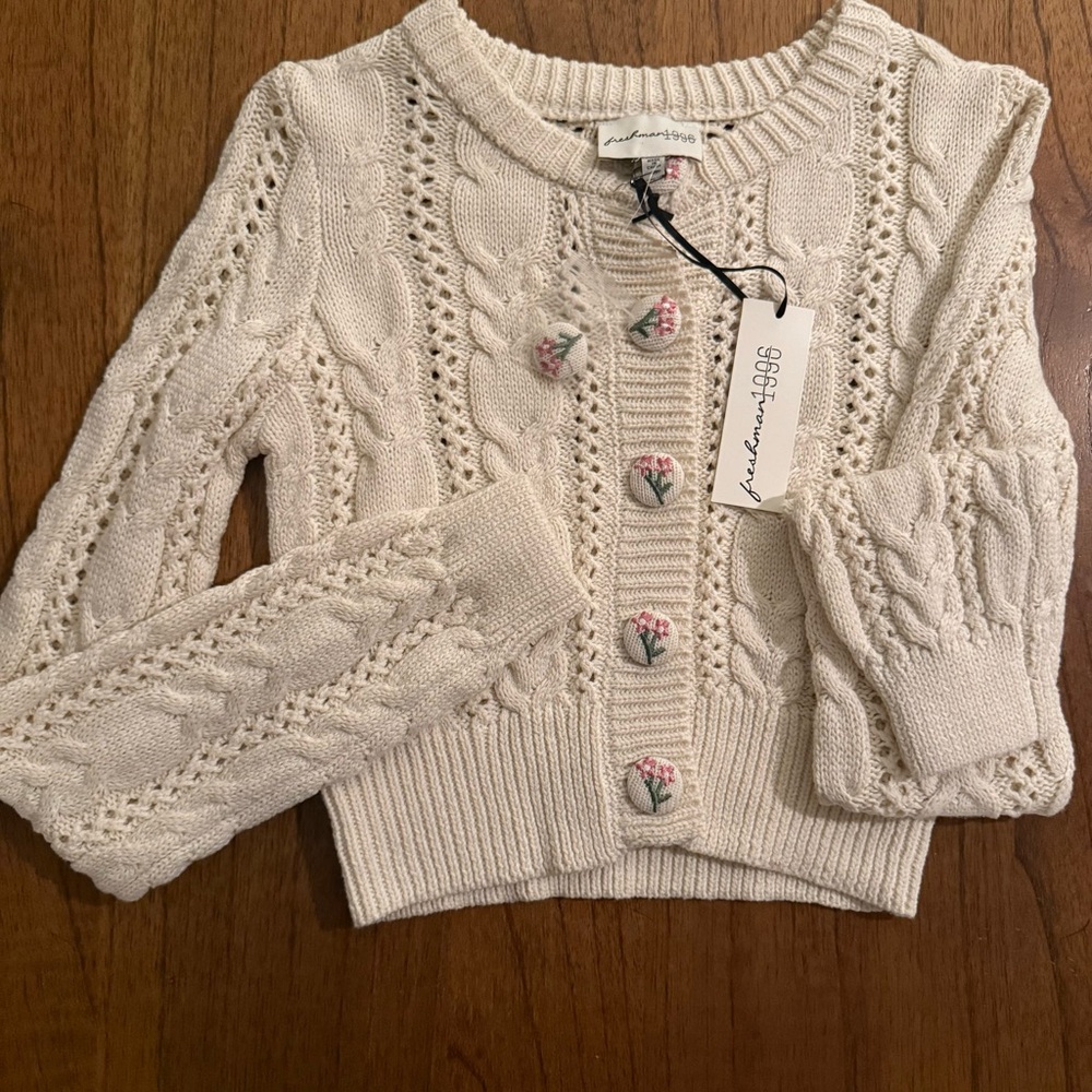 Freshman Cream Knit Cardigan with Floral Accents